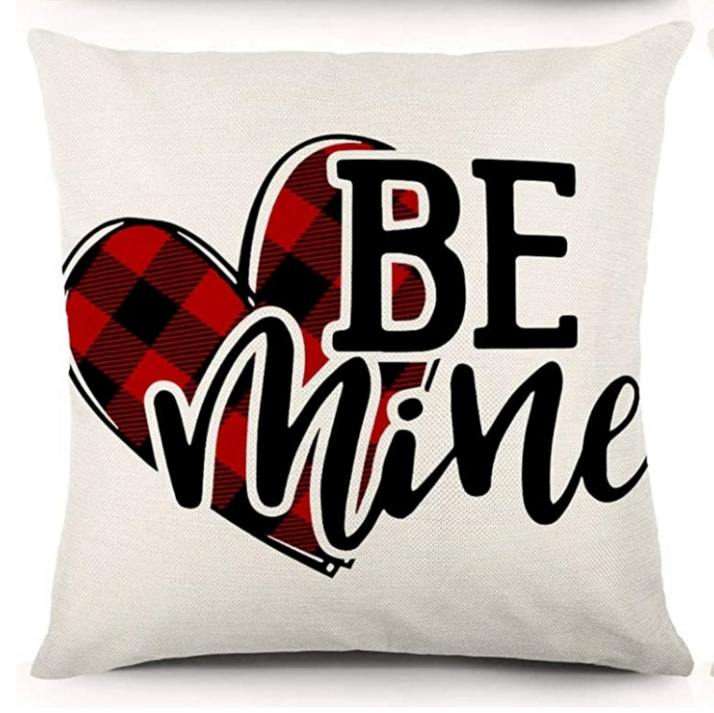 Valentine's Day Decor Be Mine Pillow Cover Red Black Plaid Heart 18x18